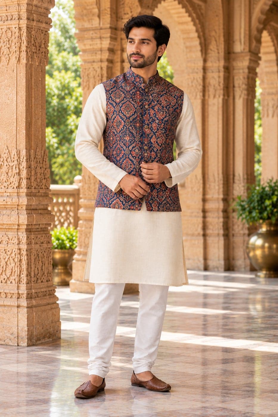 A man wearing an indigo and rust ajrakh block-printed Nehru jacket over a cream kurta, in a sandstone courtyard