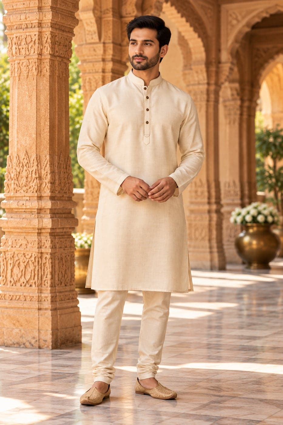 A man wearing a cream handloom cotton-silk kurta with a mandarin collar and matching churidar, in a sandstone courtyard