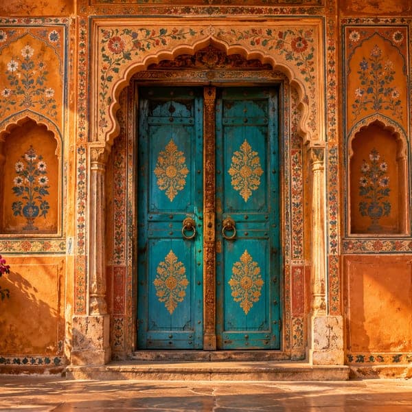 A carved haveli doorway painted turquoise and ochre