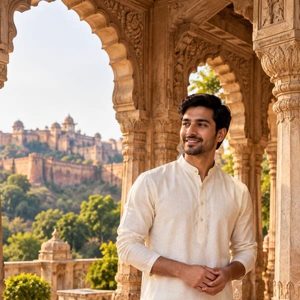 A man in a cream cotton kurta under the arches of a fort pavilion