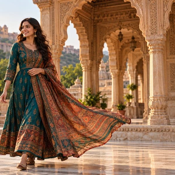 A woman in a printed anarkali with her dupatta lifting in the wind