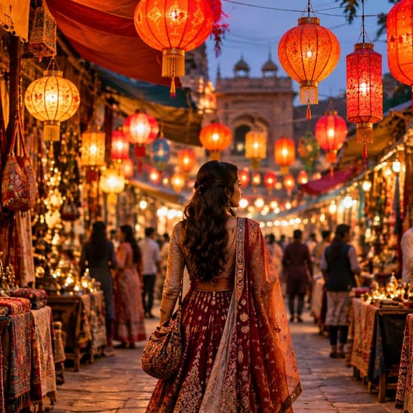 Paper lanterns strung above a festival street at night