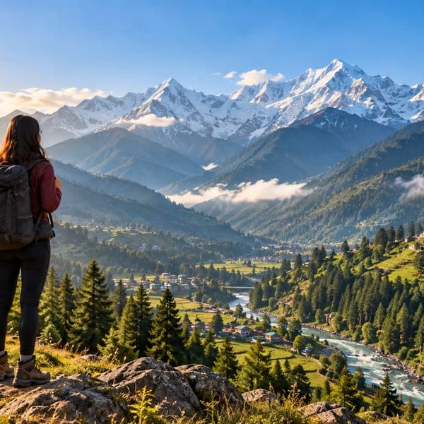 A traveller with a backpack looking out over a Himalayan valley