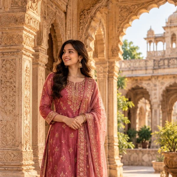 A woman in a pink embroidered kurta in a marble colonnade