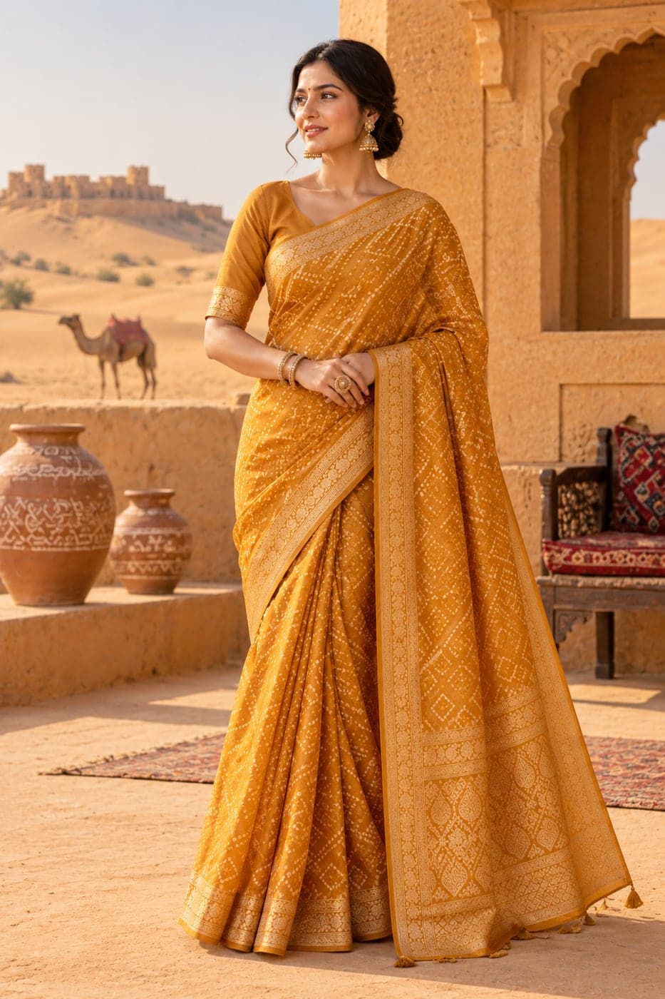 A woman in a mustard-gold bandhani saree with woven zari borders and a matching blouse, on a desert terrace with a fort behind